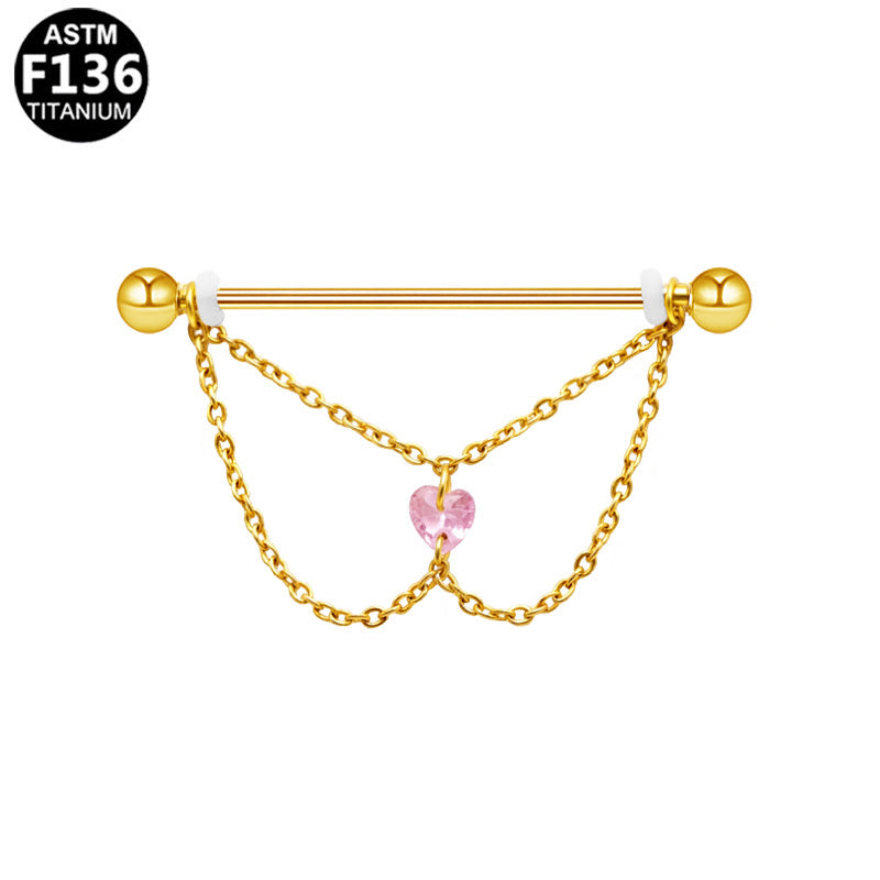 ASTM F136 Titanium 14G Layered Double Chains External Thread Industrial Barbell Pink Heart CZ Scaffold Earring Hypoallergenic Piercing Jewelry