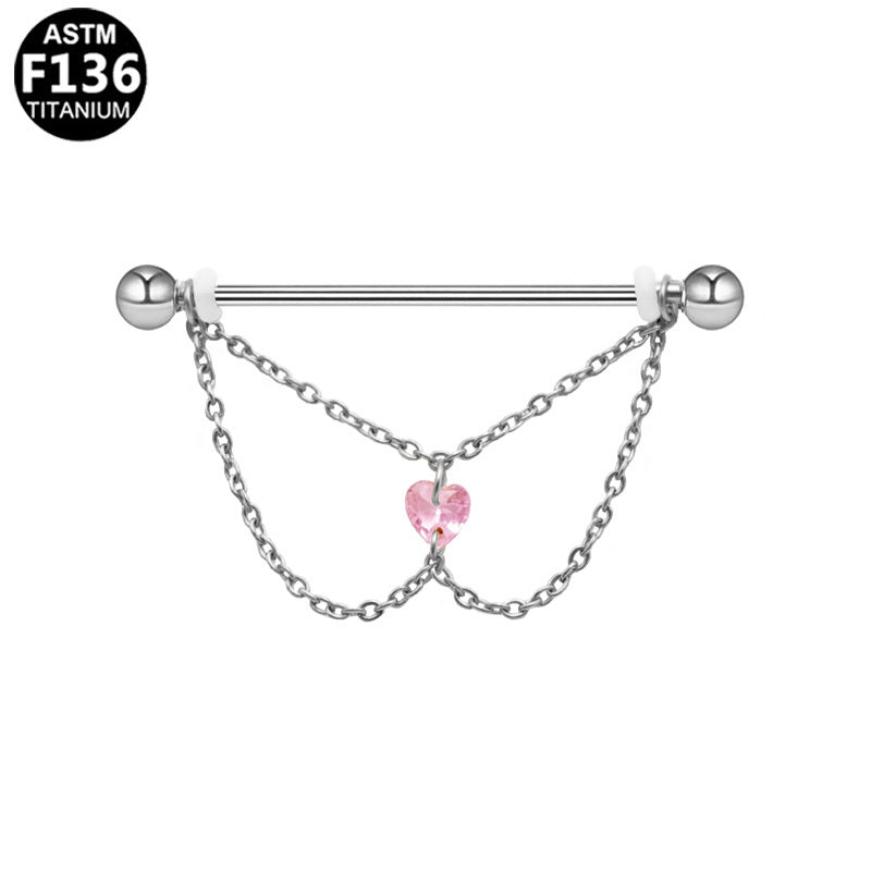 ASTM F136 Titanium 14G Layered Double Chains External Thread Industrial Barbell Pink Heart CZ Scaffold Earring Hypoallergenic Piercing Jewelry