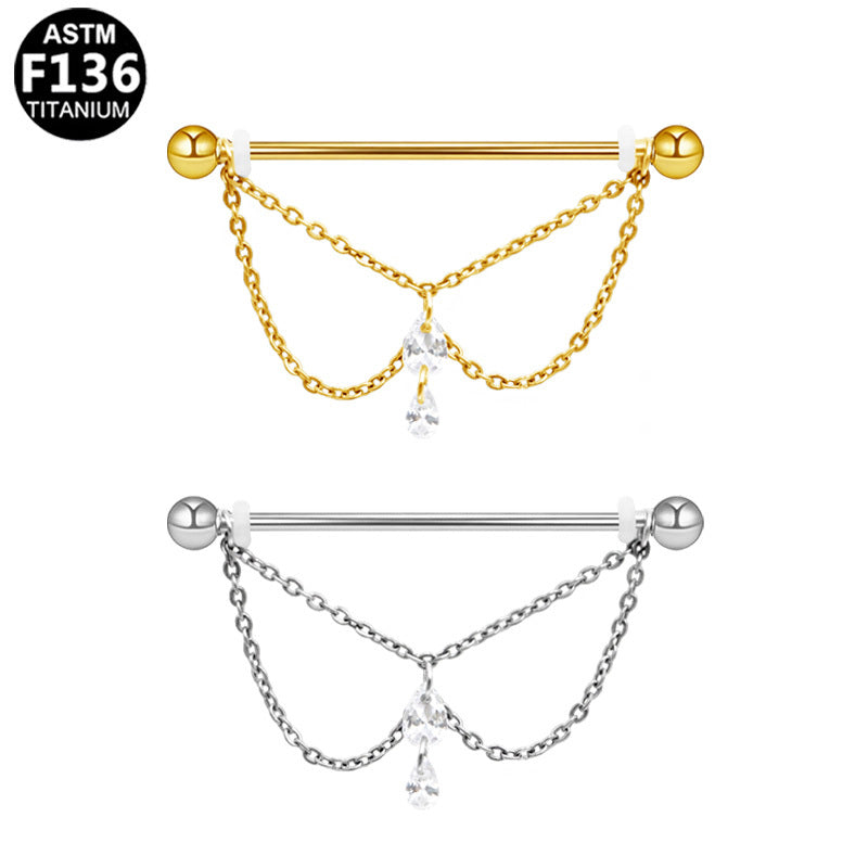 ASTM F136 Titanium 14G Layered Double Teardrop Chains CZ External ThreadIndustrial Barbell Elegant Hypoallergenic Piercing Jewelry