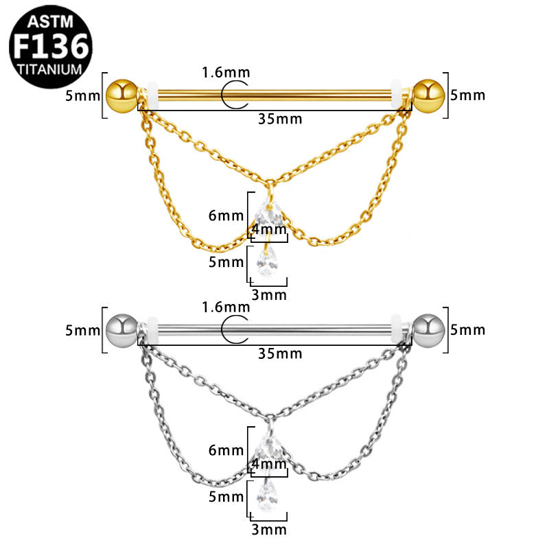 ASTM F136 Titanium 14G Layered Double Teardrop Chains CZ External ThreadIndustrial Barbell Elegant Hypoallergenic Piercing Jewelry