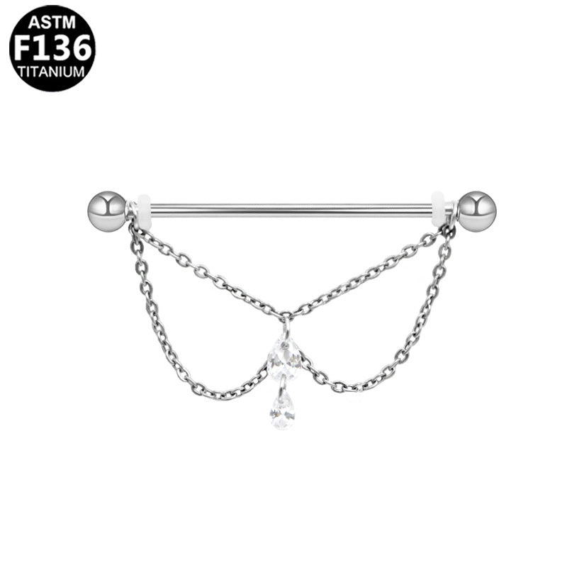 ASTM F136 Titanium 14G Layered Double Teardrop Chains CZ External ThreadIndustrial Barbell Elegant Hypoallergenic Piercing Jewelry