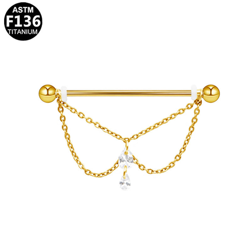 ASTM F136 Titanium 14G Layered Double Teardrop Chains CZ External ThreadIndustrial Barbell Elegant Hypoallergenic Piercing Jewelry