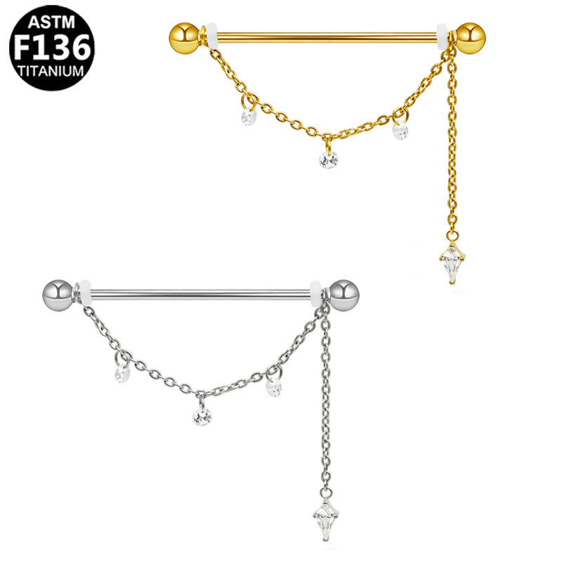 ASTM F136 Titanium 14G Asymmetric Kite CZ Dangle Chains External Thread Industrial Barbell Scaffold Earring Piercing Jewelry