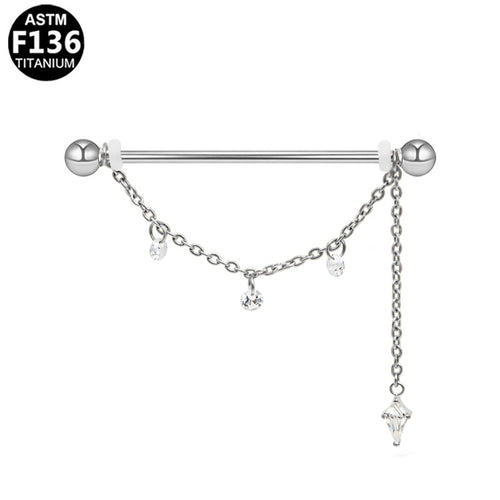 ASTM F136 Titanium 14G Asymmetric Kite CZ Dangle Chains External Thread Industrial Barbell Scaffold Earring Piercing Jewelry
