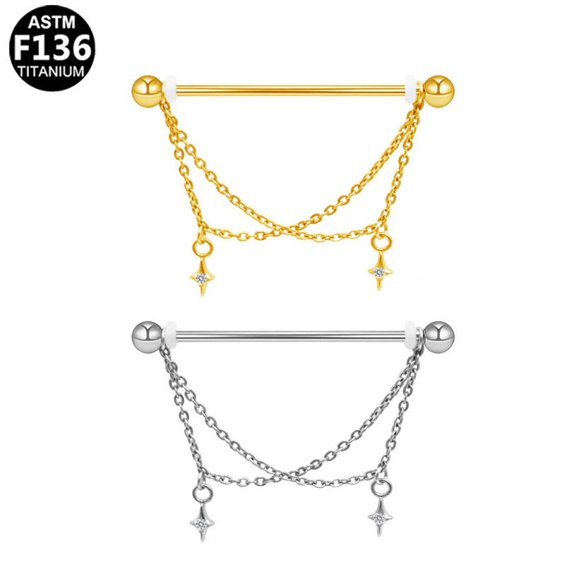 ASTM F136 Titanium 14G Dual Chains North Star CZ External Thread Industrial Barbell Celestial Scaffold Earring Piercing Jewlry