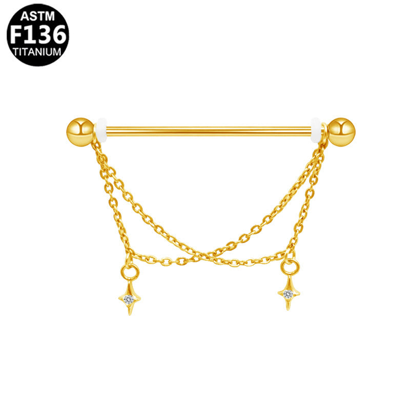 ASTM F136 Titanium 14G Dual Chains North Star CZ External Thread Industrial Barbell Celestial Scaffold Earring Piercing Jewlry