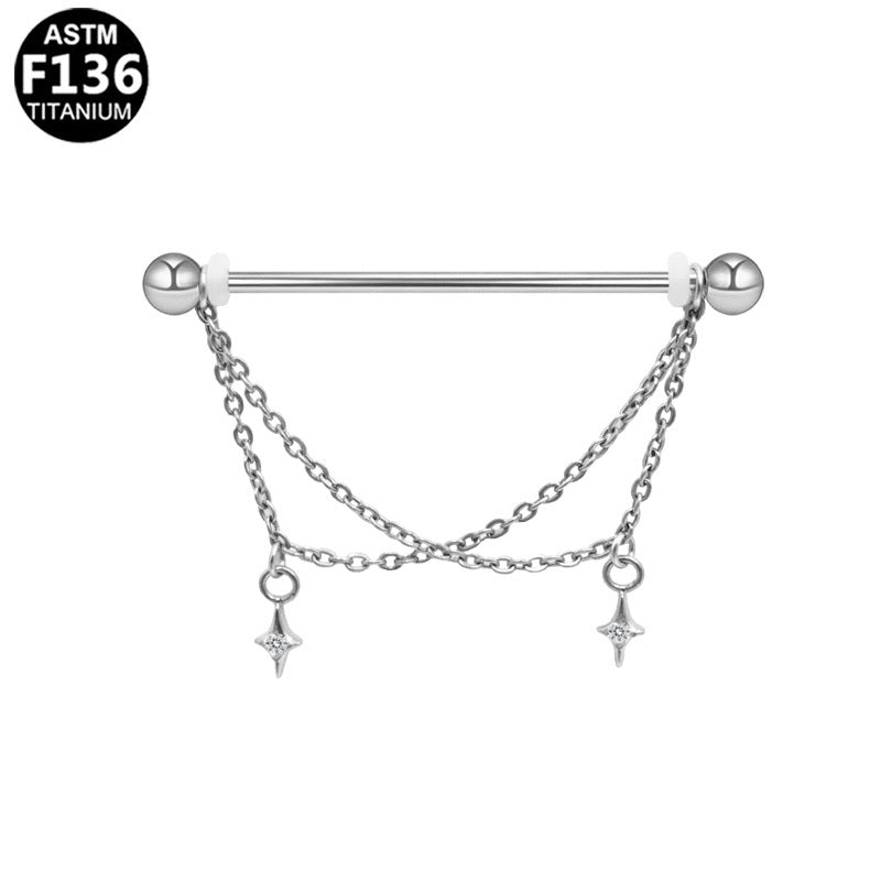 ASTM F136 Titanium 14G Dual Chains North Star CZ External Thread Industrial Barbell Celestial Scaffold Earring Piercing Jewlry