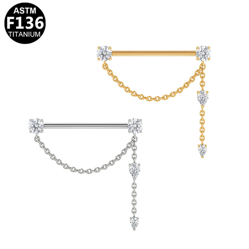 ASTM F136 Titanium 14G Asymmetric Dual Chains Dangle Threadless Industrial Barbell CZ Scaffold Earring Hypoallergenic Piercing Jewelry