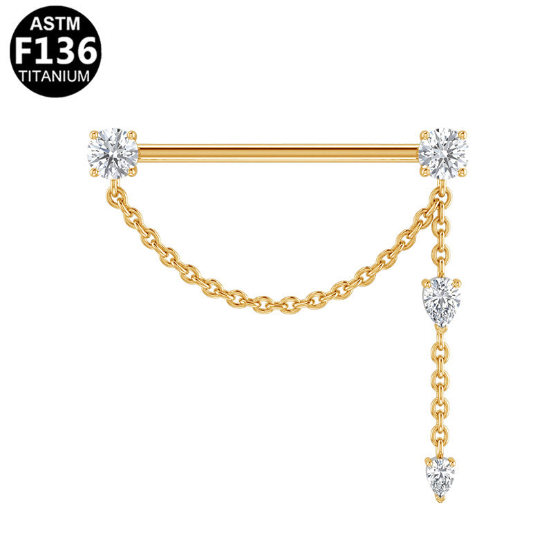 ASTM F136 Titanium 14G Asymmetric Dual Chains Dangle Threadless Industrial Barbell CZ Scaffold Earring Hypoallergenic Piercing Jewelry