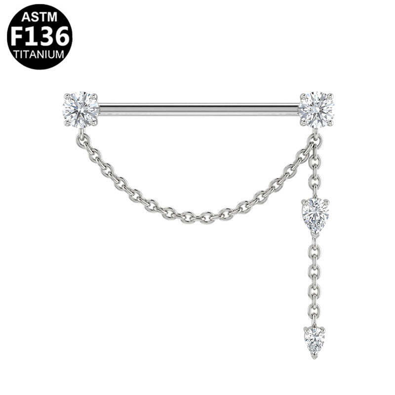ASTM F136 Titanium 14G Asymmetric Dual Chains Dangle Threadless Industrial Barbell CZ Scaffold Earring Hypoallergenic Piercing Jewelry