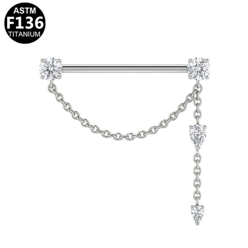 ASTM F136 Titanium 14G Asymmetric Dual Chains Dangle Threadless Industrial Barbell CZ Scaffold Earring Hypoallergenic Piercing Jewelry