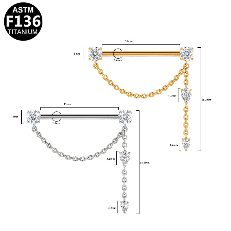 ASTM F136 Titanium 14G Asymmetric Dual Chains Dangle Threadless Industrial Barbell CZ Scaffold Earring Hypoallergenic Piercing Jewelry