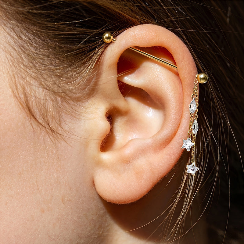 ASTM F136 Titanium 14G Star CZ Dangle Chains Threadless Industrial Barbell Scaffold Earring Hypoallergenic
