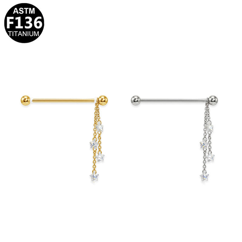ASTM F136 Titanium 14G Star CZ Dangle Chains Threadless Industrial Barbell Scaffold Earring Hypoallergenic