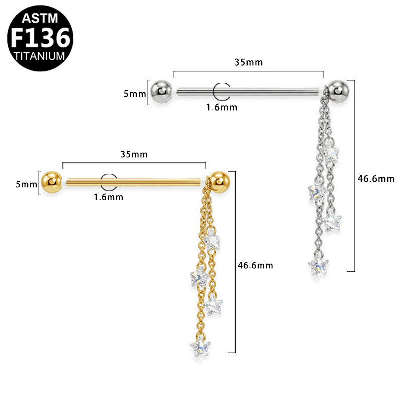ASTM F136 Titanium 14G Star CZ Dangle Chains Threadless Industrial Barbell Scaffold Earring Hypoallergenic