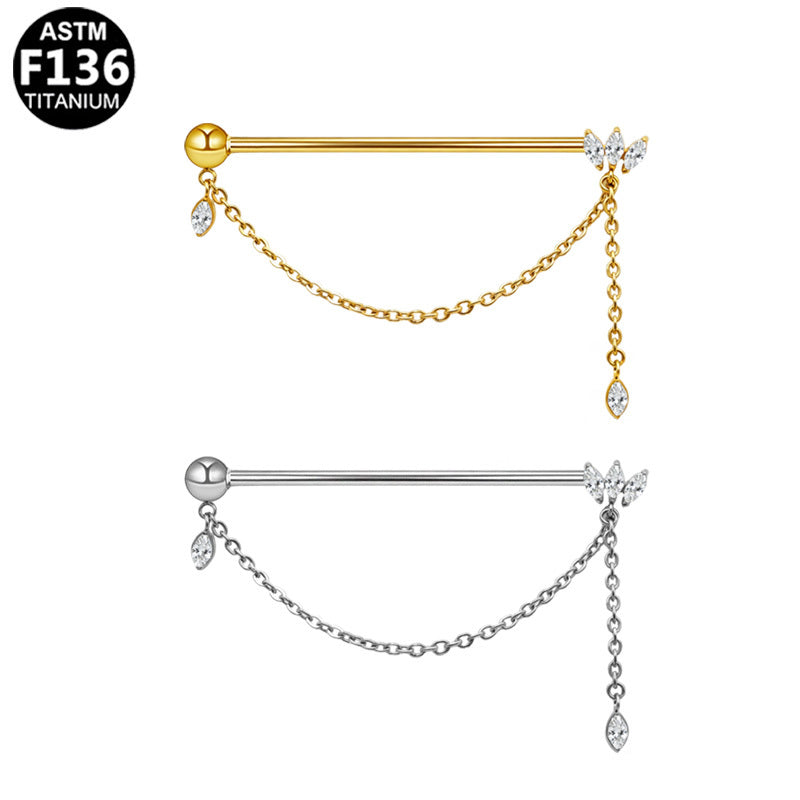 ASTM F136 Titanium 14G Marquise CZ Tassel Dangle Threadless Industrial Barbell Hypoallergenic Earring Piercing Jewelry