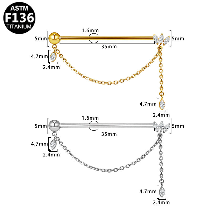 ASTM F136 Titanium 14G Marquise CZ Tassel Dangle Threadless Industrial Barbell Hypoallergenic Earring Piercing Jewelry