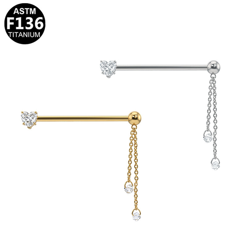 ASTM F136 Titanium 14G Heart CZ & Double Chains Threadless Industrial Barbell Dangle Scaffold Earring Hypoallergenic Piercing Jewelry