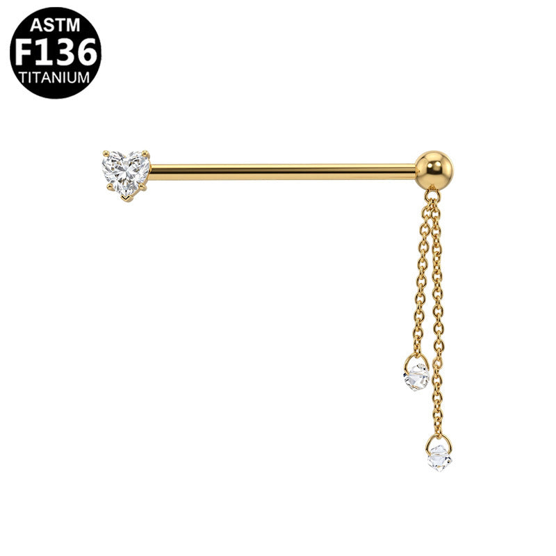 ASTM F136 Titanium 14G Heart CZ & Double Chains Threadless Industrial Barbell Dangle Scaffold Earring Hypoallergenic Piercing Jewelry