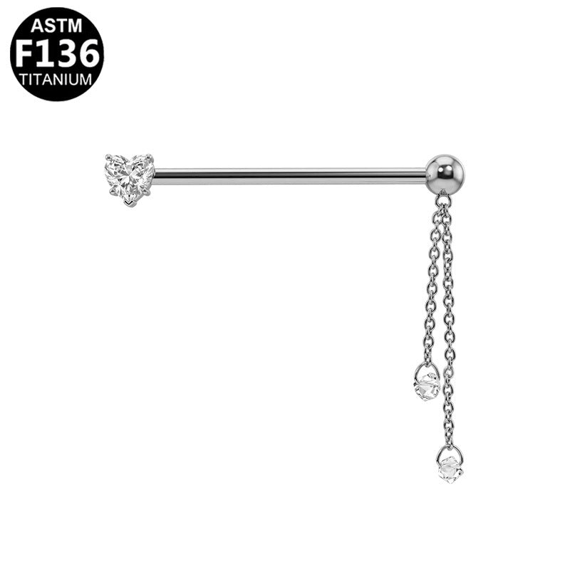 ASTM F136 Titanium 14G Heart CZ & Double Chains Threadless Industrial Barbell Dangle Scaffold Earring Hypoallergenic Piercing Jewelry