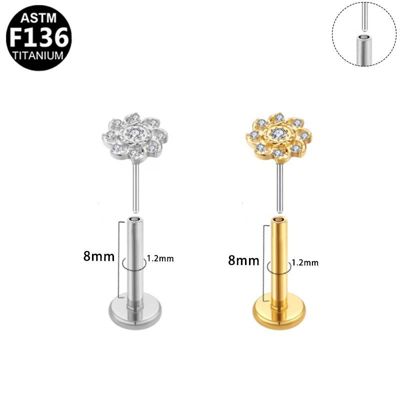ASTM F136 Titanium 16G Starlight Bloom Floral CZ Threadless Labret Hypoallergenic Piercing Jewelry