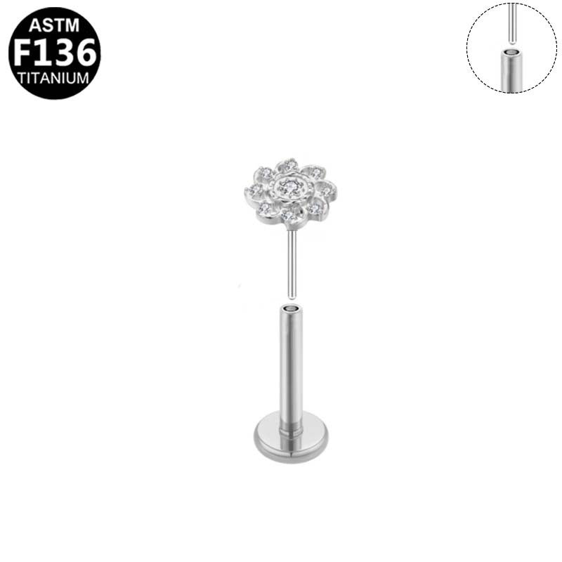 ASTM F136 Titanium 16G Starlight Bloom Floral CZ Threadless Labret Hypoallergenic Piercing Jewelry