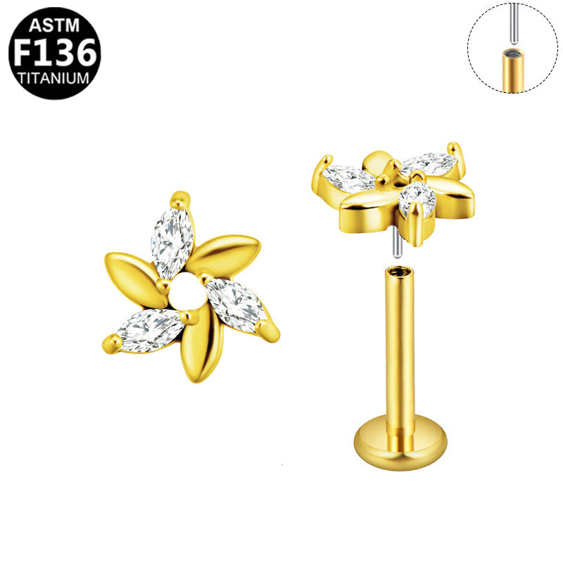 ASTM F136 Titanium 16G Marquise Pinwheel Threadless Labret CZ PiercingHypoallergenic Piercing Jewelry