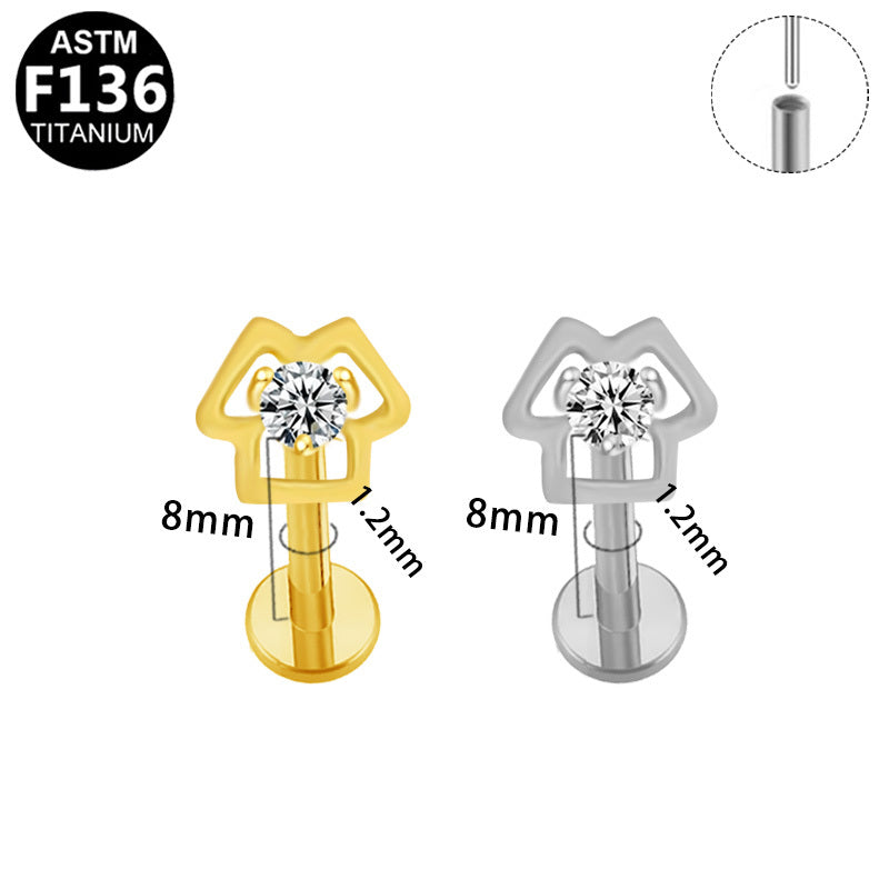 ASTM F136 Titanium 16G Geometric Hollow House Threadless Labret CZ Hypoallergenic Piercing Jewelry