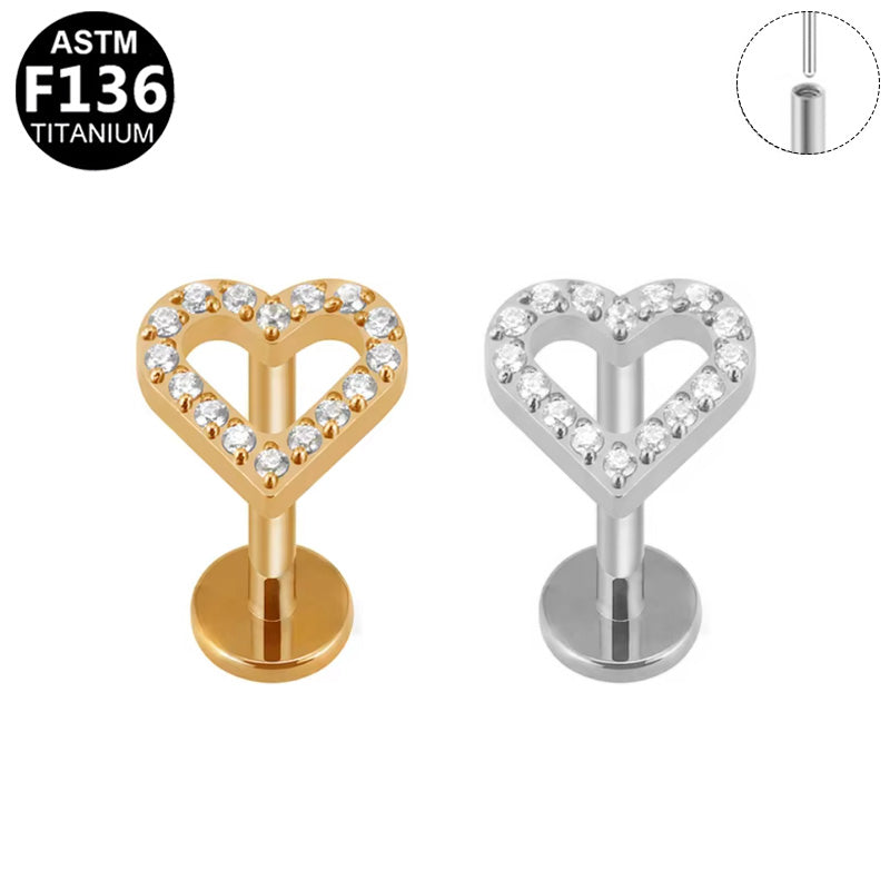 ASTM F136 Titanium 16G Pave Hollow Heart Threadless Labret Hypoallergenic Piercing Jewelry