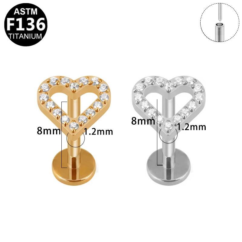 ASTM F136 Titanium 16G Pave Hollow Heart Threadless Labret Hypoallergenic Piercing Jewelry