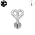 ASTM F136 Titanium 16G Pave Hollow Heart Threadless Labret Hypoallergenic Piercing Jewelry