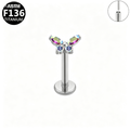 ASTM F136 Titanium 16G Aurora Butterfly Threadless Labret High-Polish Silver AB CZ Hypoallergenic Piercing Jewelry