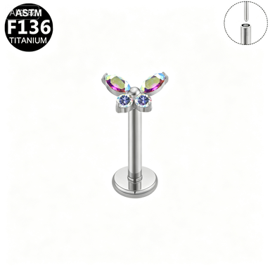 ASTM F136 Titanium 16G Aurora Butterfly Threadless Labret High-Polish Silver AB CZ Hypoallergenic Piercing Jewelry
