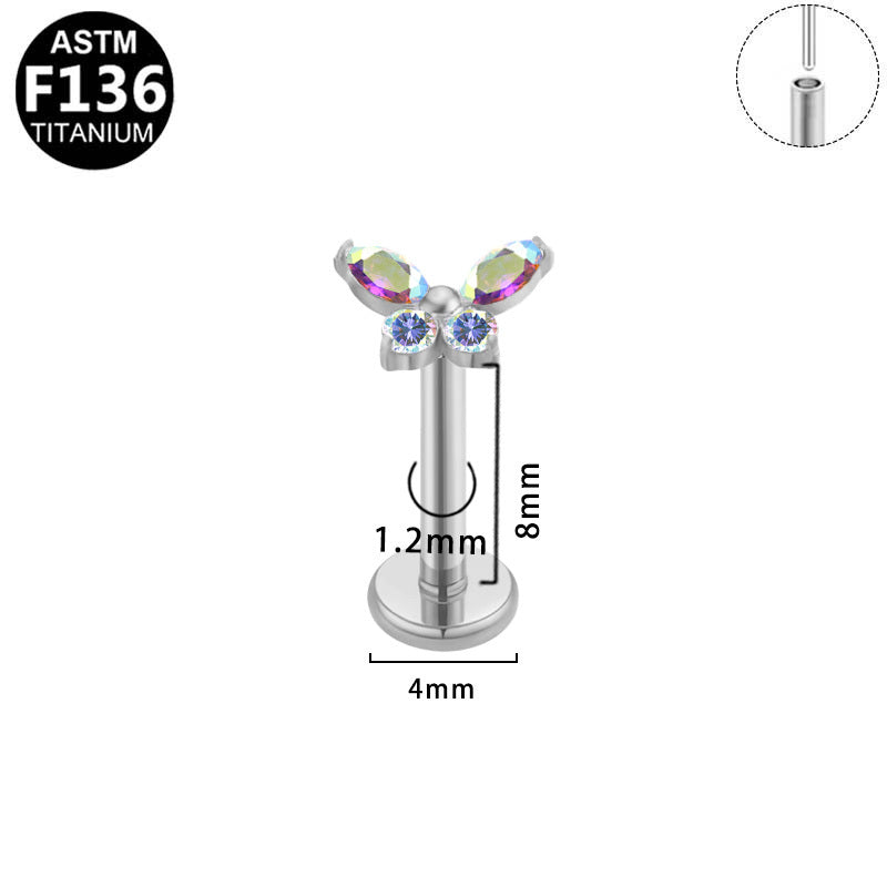 ASTM F136 Titanium 16G Aurora Butterfly Threadless Labret High-Polish Silver AB CZ Hypoallergenic Piercing Jewelry