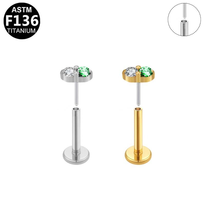 ASTM F136 Titanium 16G Emerald & Clear Duo Threadless Labret Hypoallergenic Piercing Jewelry