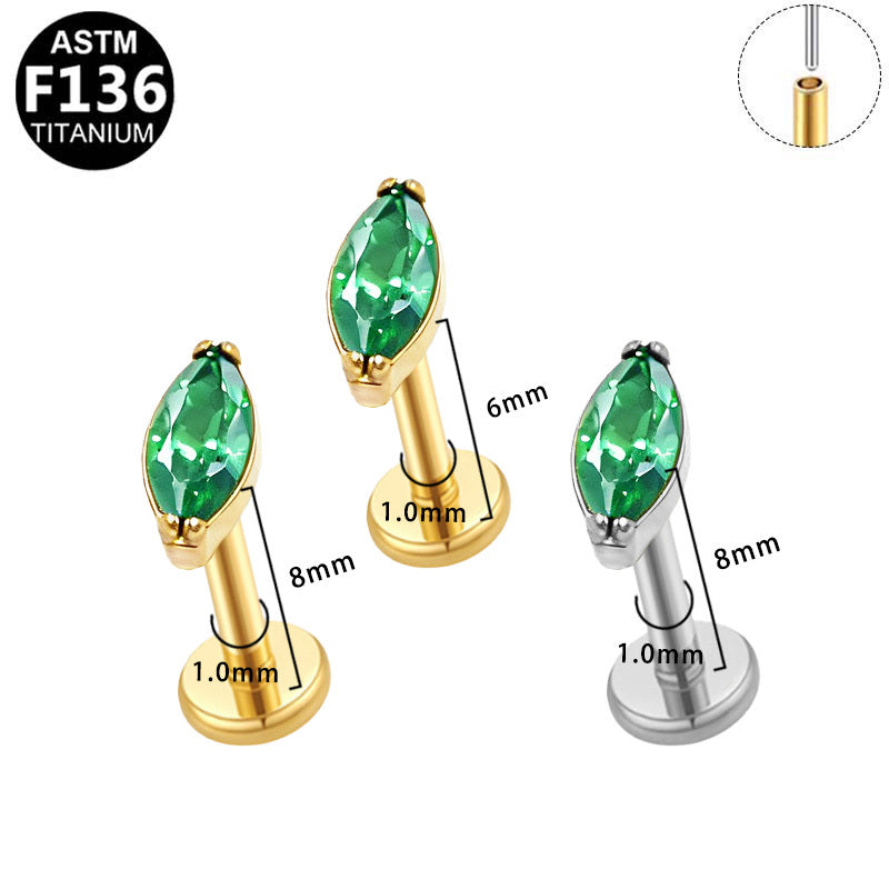 ASTM F136 Titanium 16G Emerald Green Marquise CZ Threadless Labret Hypoallergenic Piercing Jewelry