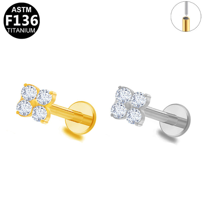 ASTM F136 Titanium 16G18G Quad CZ Threadless Labret Hypoallergenic Piercing Jewelry