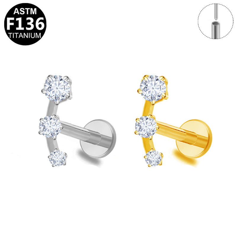 ASTM F136 Titanium 16G Graduated Triple CZ Shooting Star Threadless Labret Hypoallergenic Piercing Jewelry