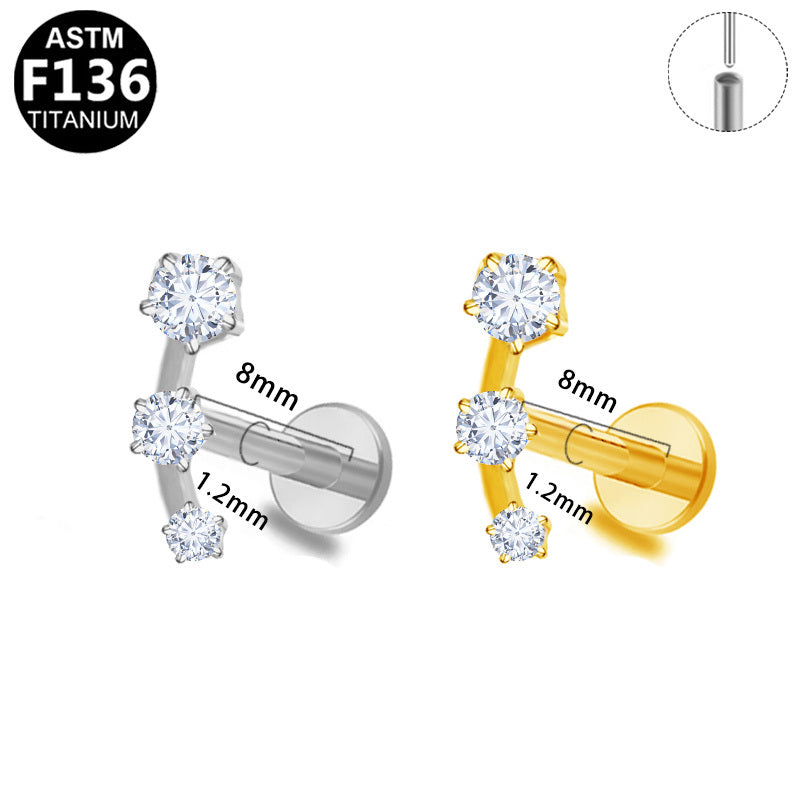 ASTM F136 Titanium 16G Graduated Triple CZ Shooting Star Threadless Labret Hypoallergenic Piercing Jewelry