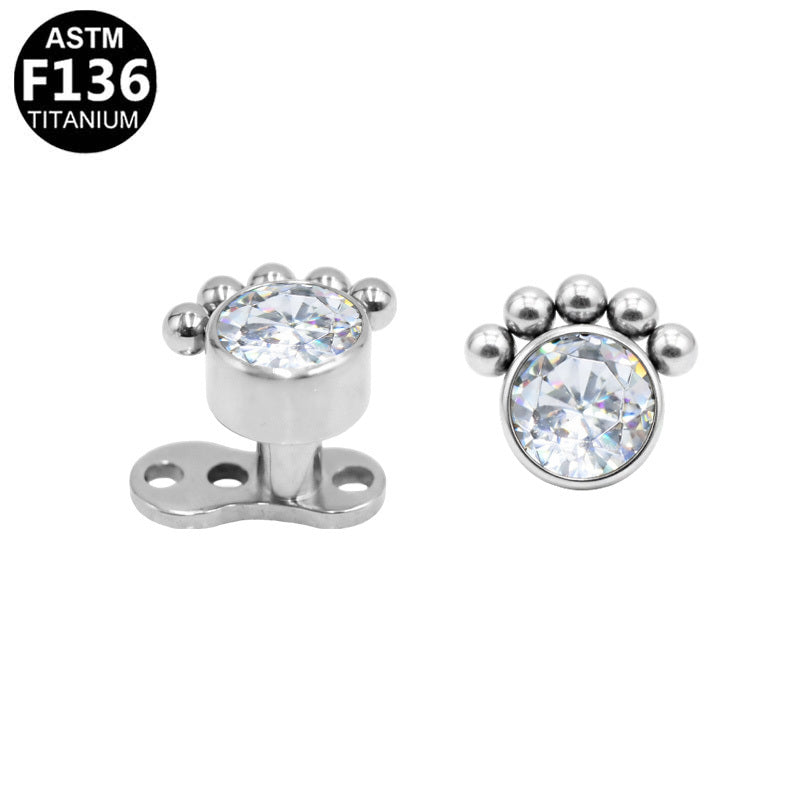 ASTM F136 Titanium 16G Beaded Tiara Internal Thread Dermal Anchor 5-Bead Arc Clear Round CZ Hypoallergenic Impalnt Grade Body Piercing Jewelry