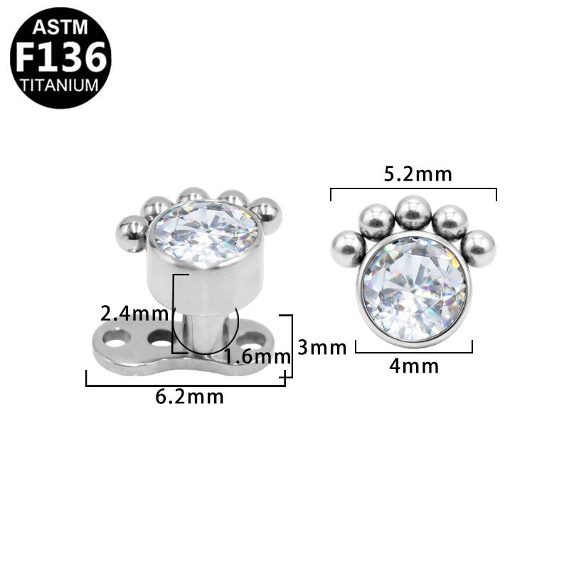 ASTM F136 Titanium 16G Beaded Tiara Internal Thread Dermal Anchor 5-Bead Arc Clear Round CZ Hypoallergenic Impalnt Grade Body Piercing Jewelry