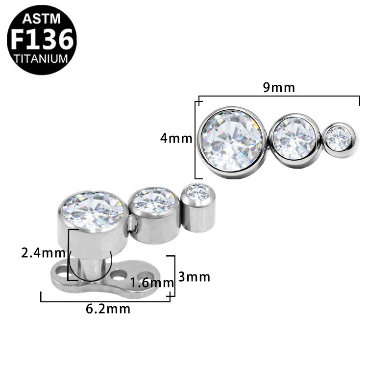 ASTM F136 Titanium 16G Graduated Triple-Stone Clear Round CZ Internal Thread Dermal Anchor Hypoallergenic Implant Grade Body Piercing Jewelry