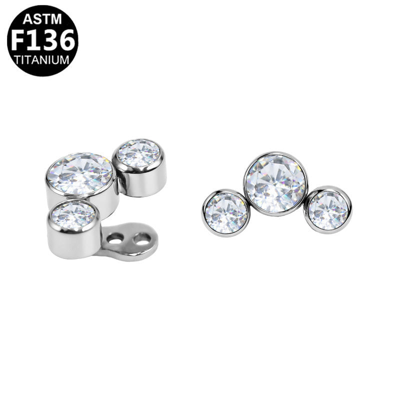 ASTM F136 Titanium 14G Curved Triple-Stone Internal Thread Dermal Anchor Clear Round CZ Hypoallergenic Implant Grade Body Piercing Jewelry