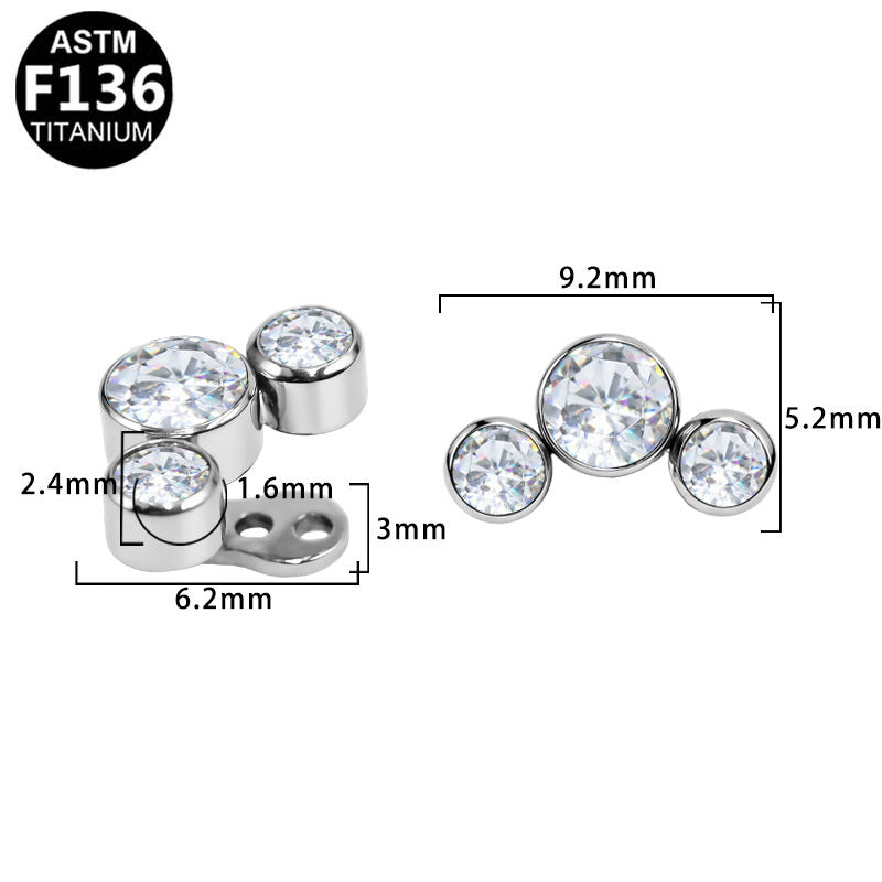 ASTM F136 Titanium 14G Curved Triple-Stone Internal Thread Dermal Anchor Clear Round CZ Hypoallergenic Implant Grade Body Piercing Jewelry