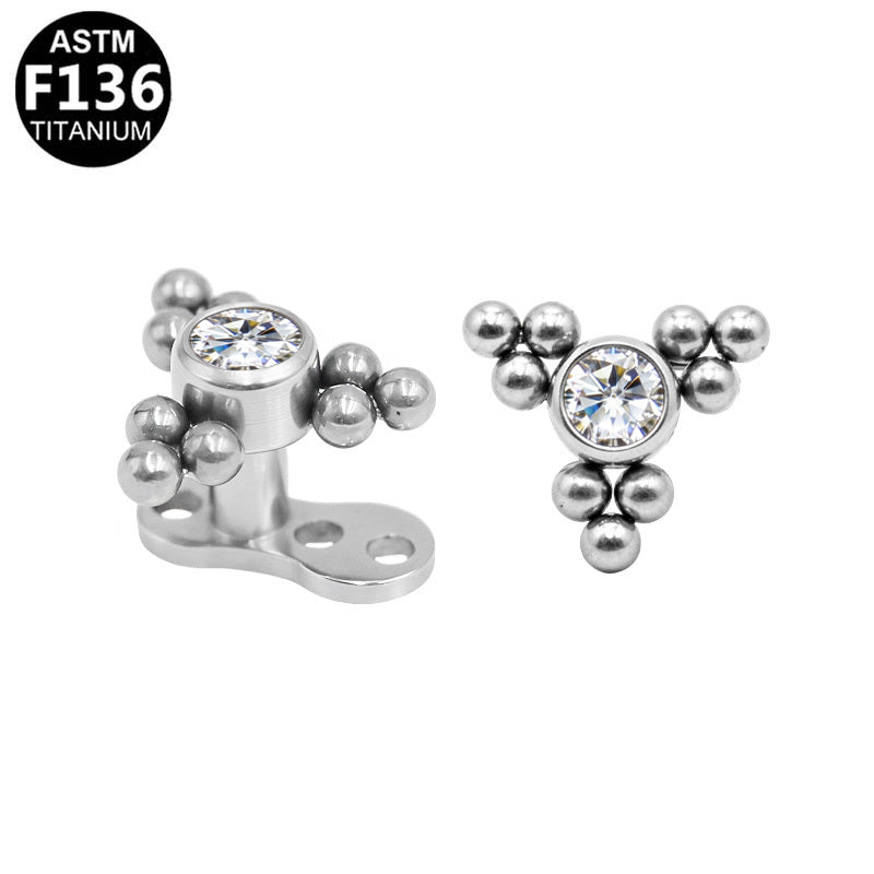 ASTM F136 Titanium 14G Graduated Triple-Stone InternallThread Dermal Anchor Clear Round CZ Hypoallergenic Piercing Jewelry