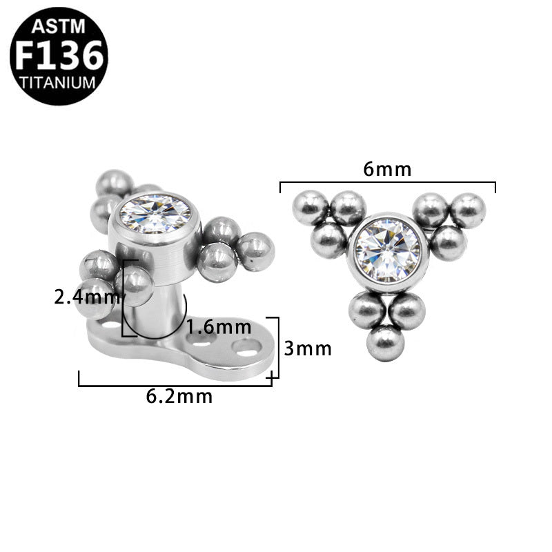 ASTM F136 Titanium 14G Graduated Triple-Stone InternallThread Dermal Anchor Clear Round CZ Hypoallergenic Piercing Jewelry