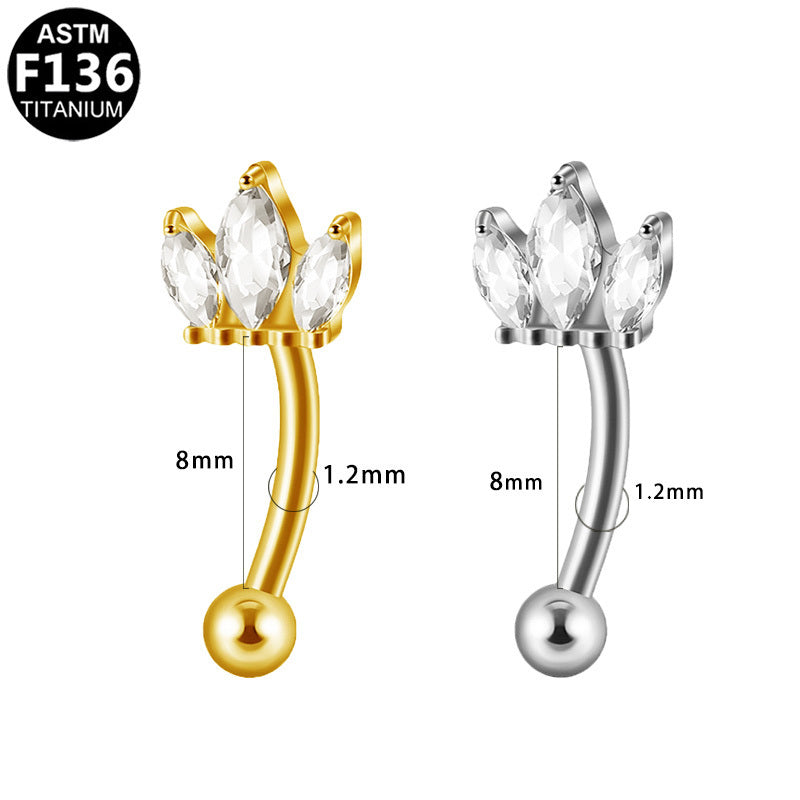 ASTM F136 Titanium 16G Crown Internal Thread Eyebrow Ring Triple Marquise CZ Hypoallergenic Piercing Jewelry