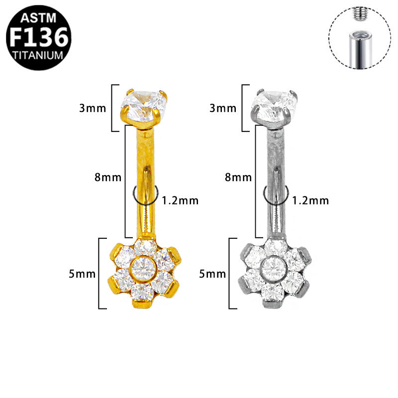 ASTM F136 Titanium 16G Flower CZ Internal Thresd Eyebrow Ring Hypoallergenic Implant Grade Piercing Jewelry