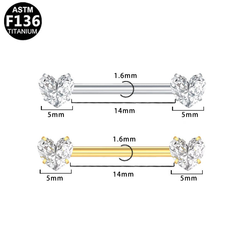 ASTM F136 Titanium 14G16G Heart CZ Threadless Nipple Ring Hypoallergenic Body Piercing Jewelry