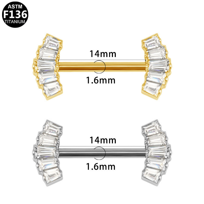 ASTM F136 Titanium 14G Baguette CZ Fan Threadless Nipple Ring Hypoallergenic Body Piercing Jewelry